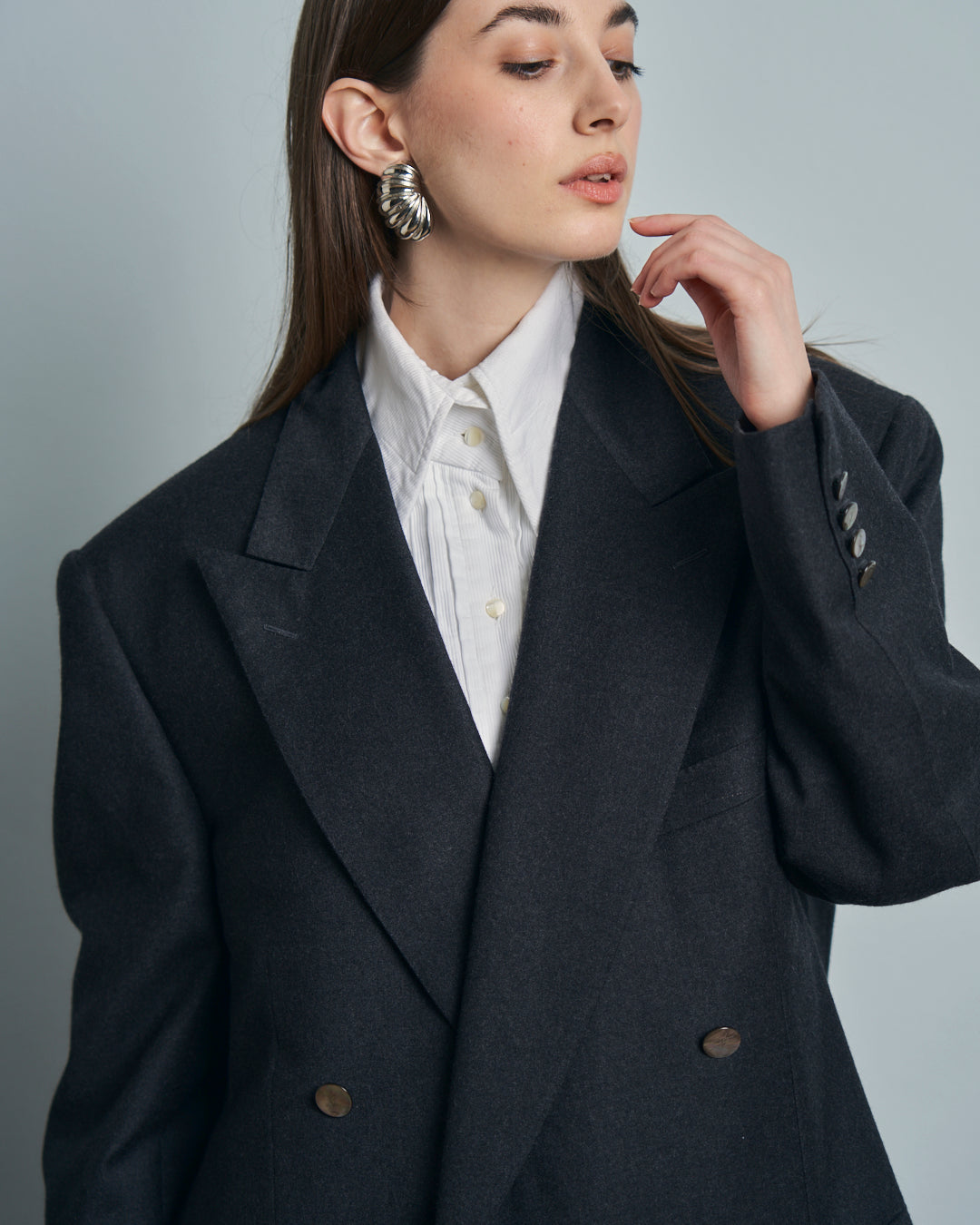 Blazer doppiopetto Yves Saint Laurent Hommes in lana grigio bottoni madreperla
