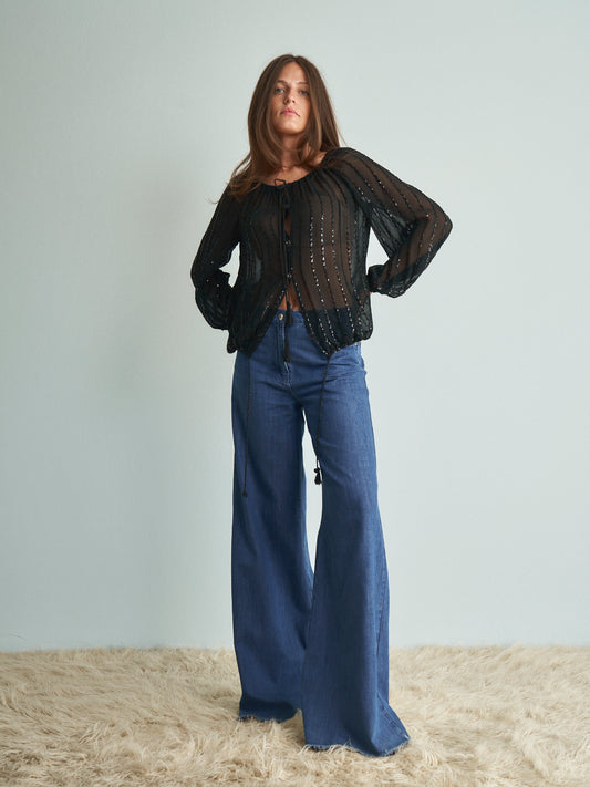 Blusa anni 70 con paillettes e nappe