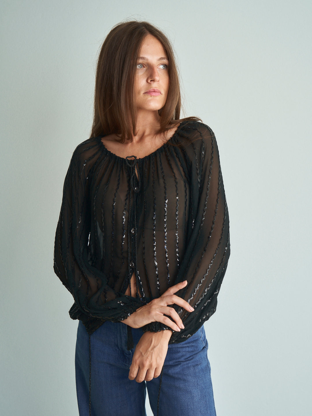 Blusa anni 70 con paillettes e nappe