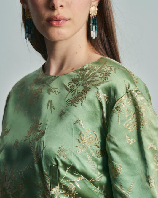 Blusa anni 60 originale in pura seta jacquard con elemento decorativo