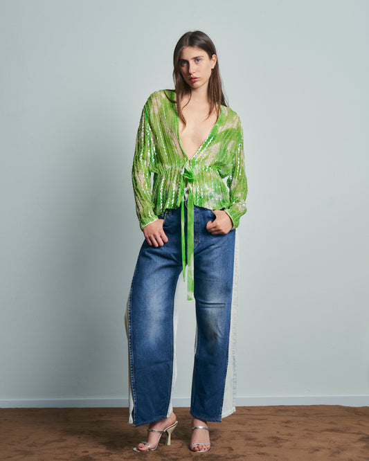 Blusa in crepe trasparente con paillettes e coulisse