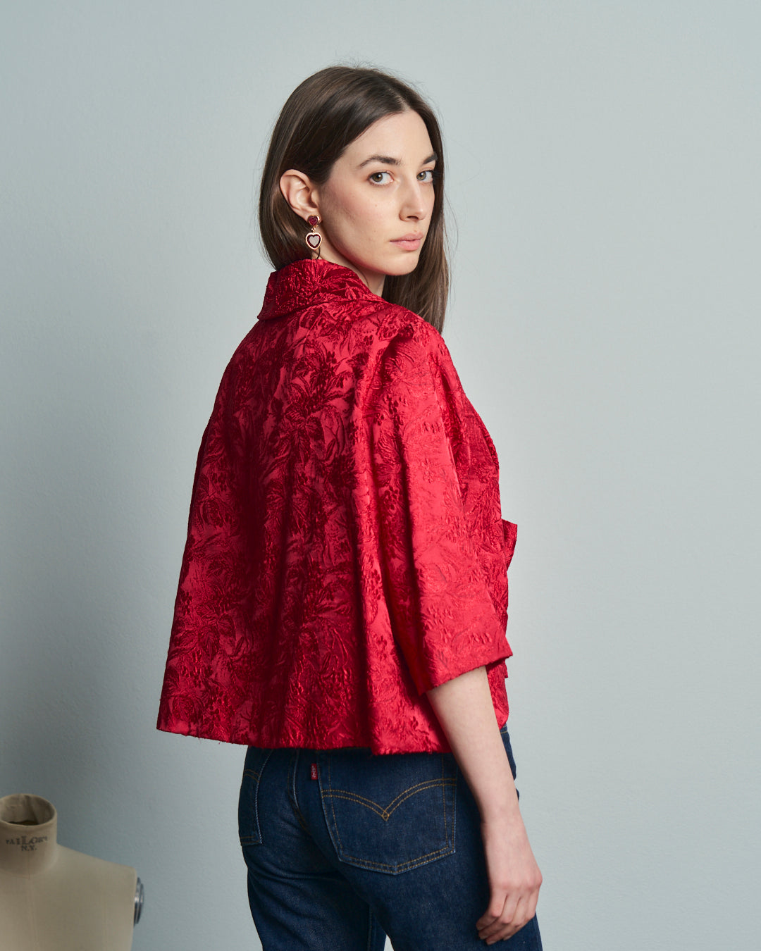 Blusa rossa anni 60 originale in tessuto broccato  in seta pura sartoriale.