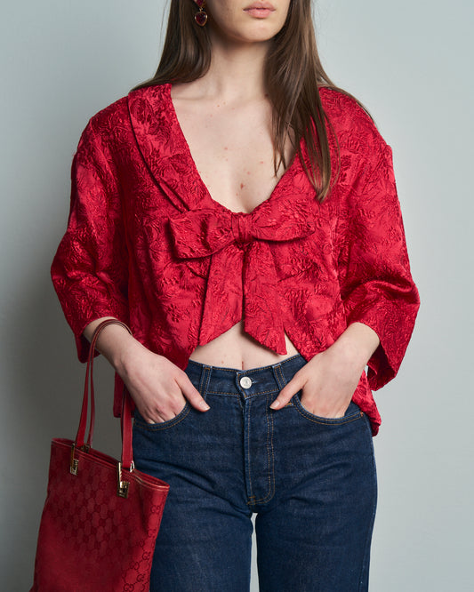 Blusa rossa anni 60 originale in tessuto broccato  in seta pura sartoriale.