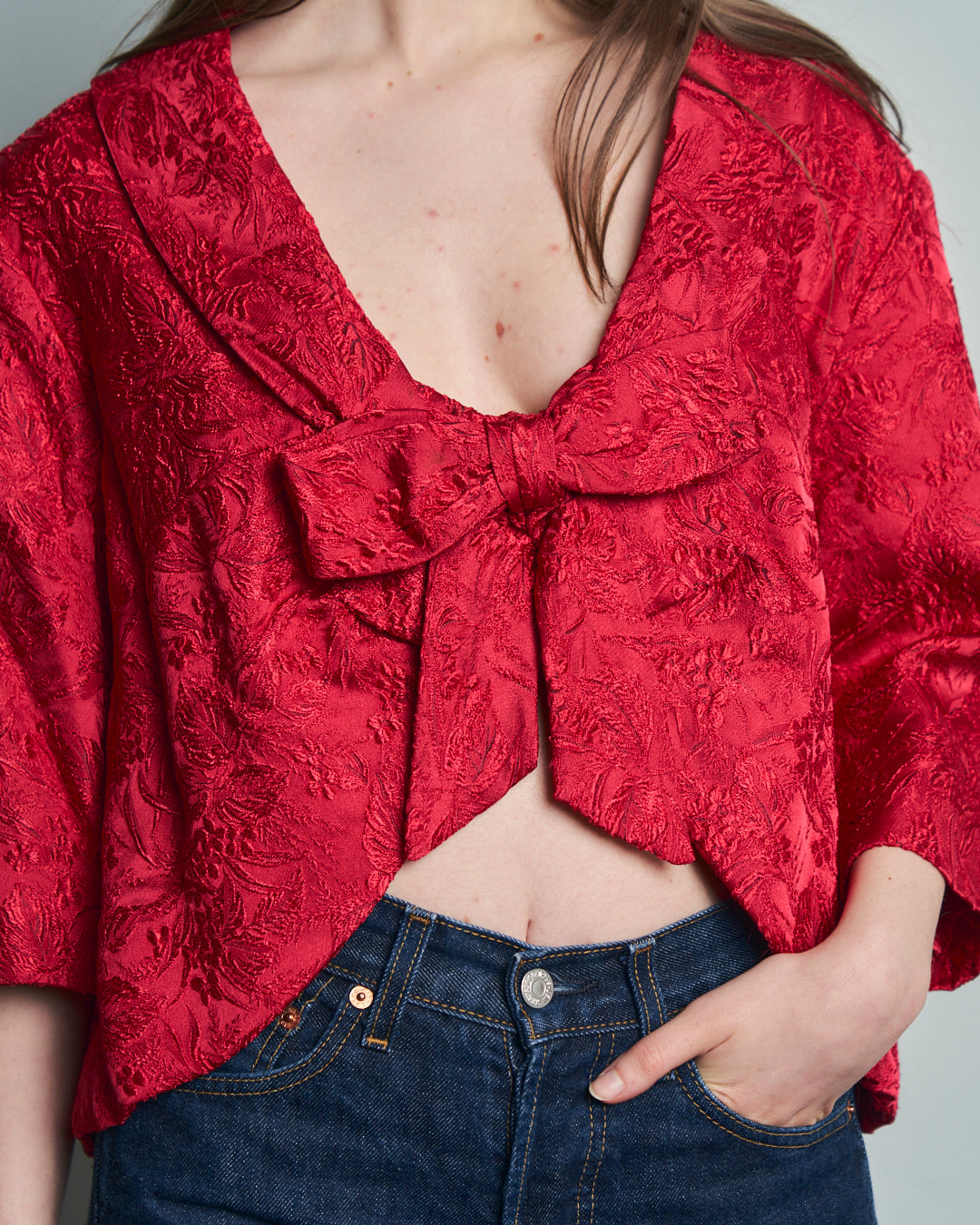 Blusa rossa anni 60 originale in tessuto broccato  in seta pura sartoriale.