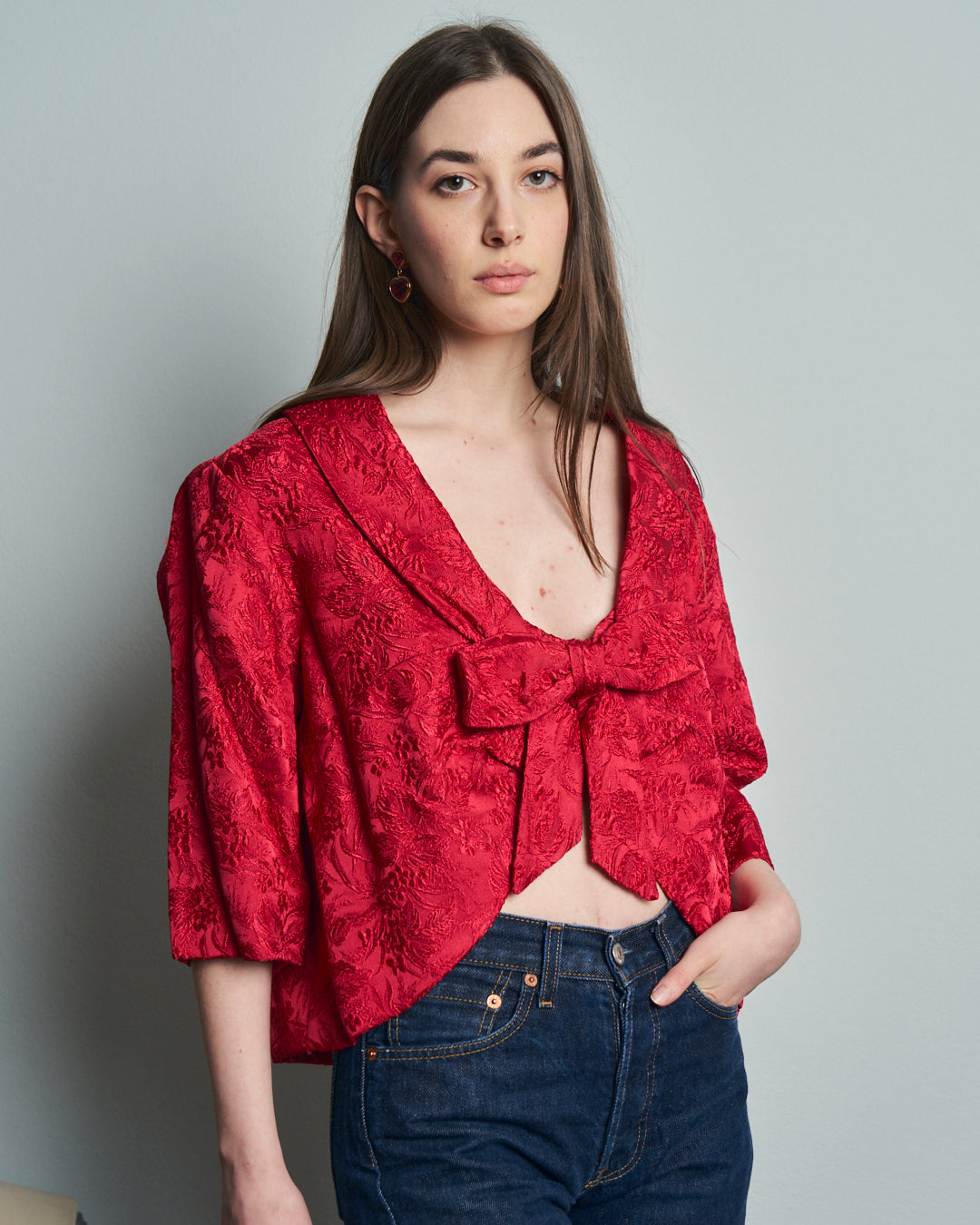 Blusa rossa anni 60 originale in tessuto broccato  in seta pura sartoriale.