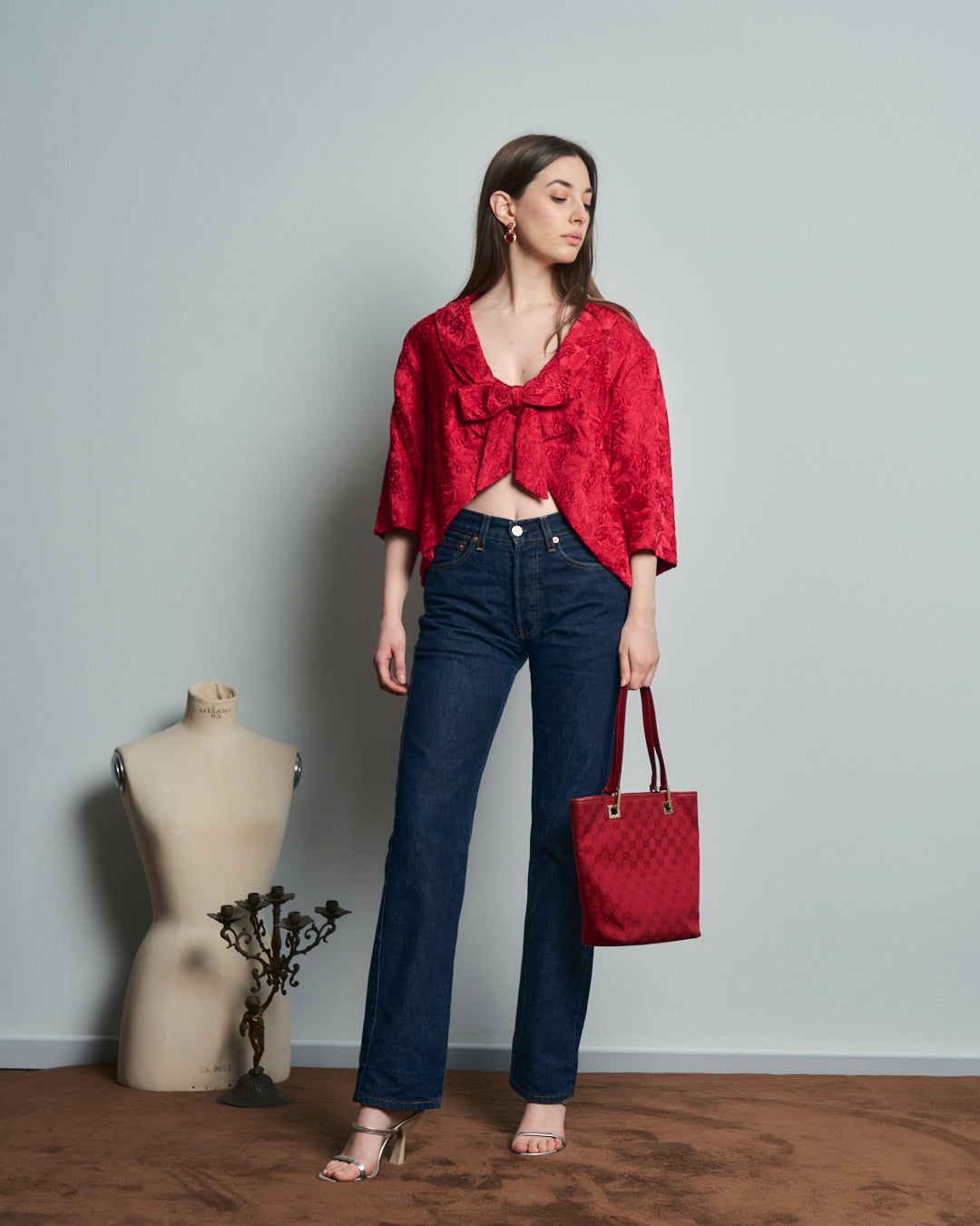 Blusa rossa anni 60 originale in tessuto broccato  in seta pura sartoriale.