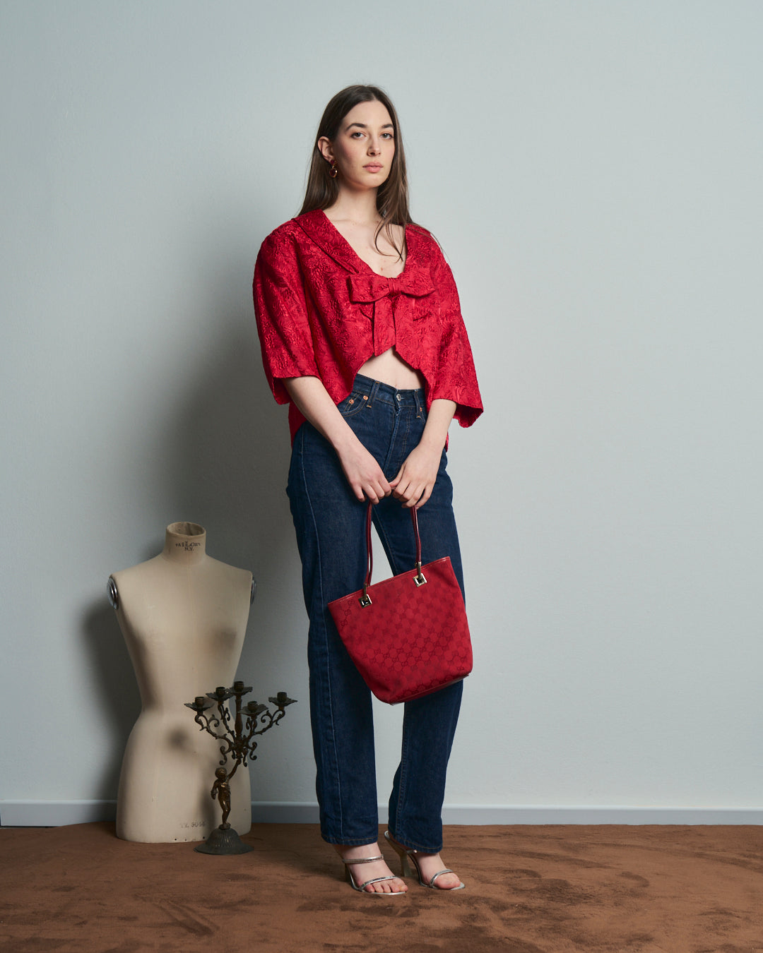 Blusa rossa anni 60 originale in tessuto broccato  in seta pura sartoriale.