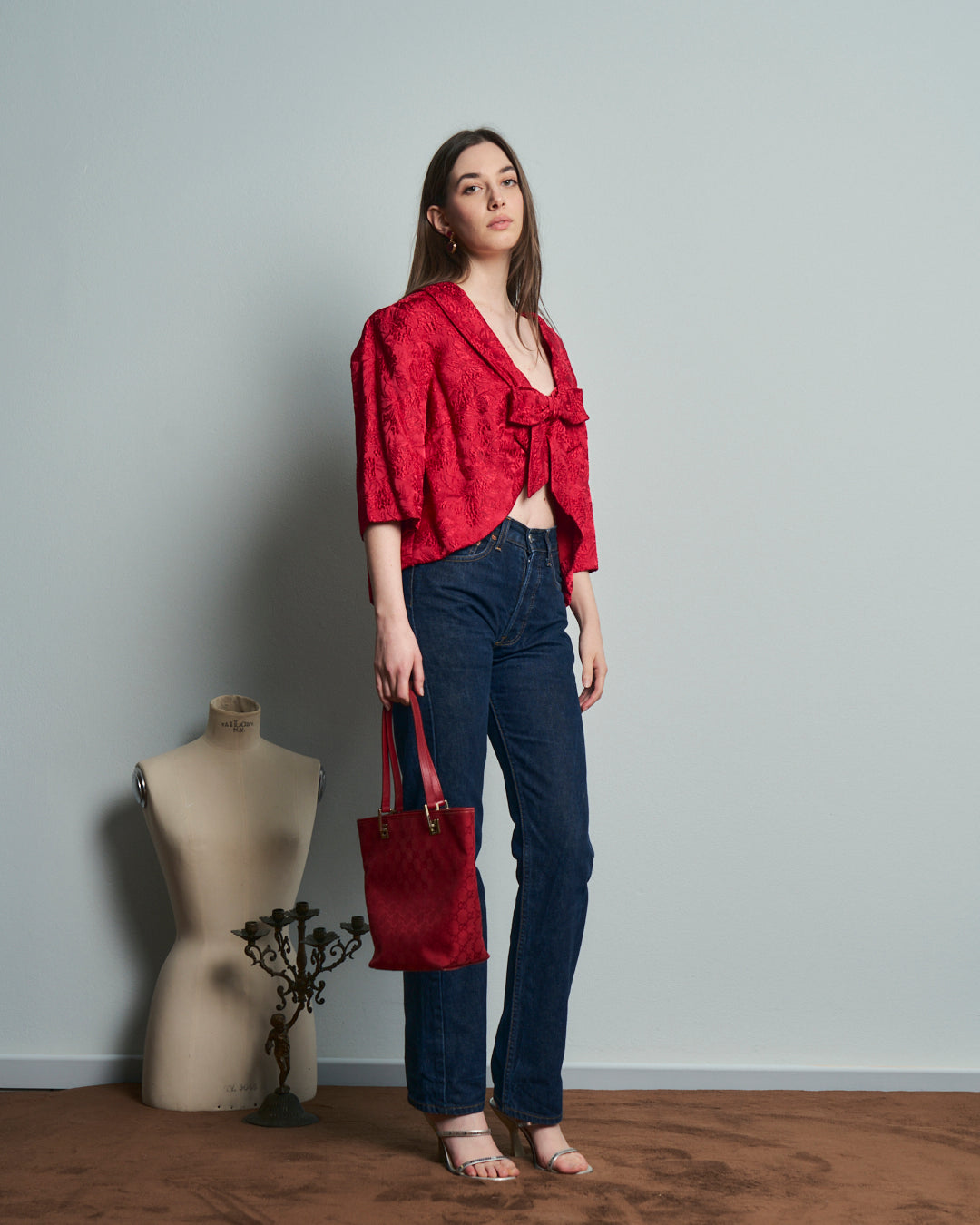 Blusa rossa anni 60 originale in tessuto broccato  in seta pura sartoriale.