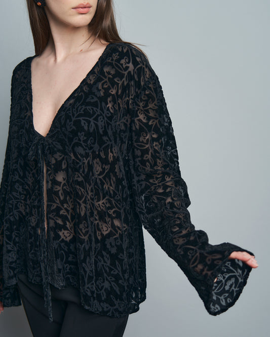 Blusa aperta con laccio in velluto devore