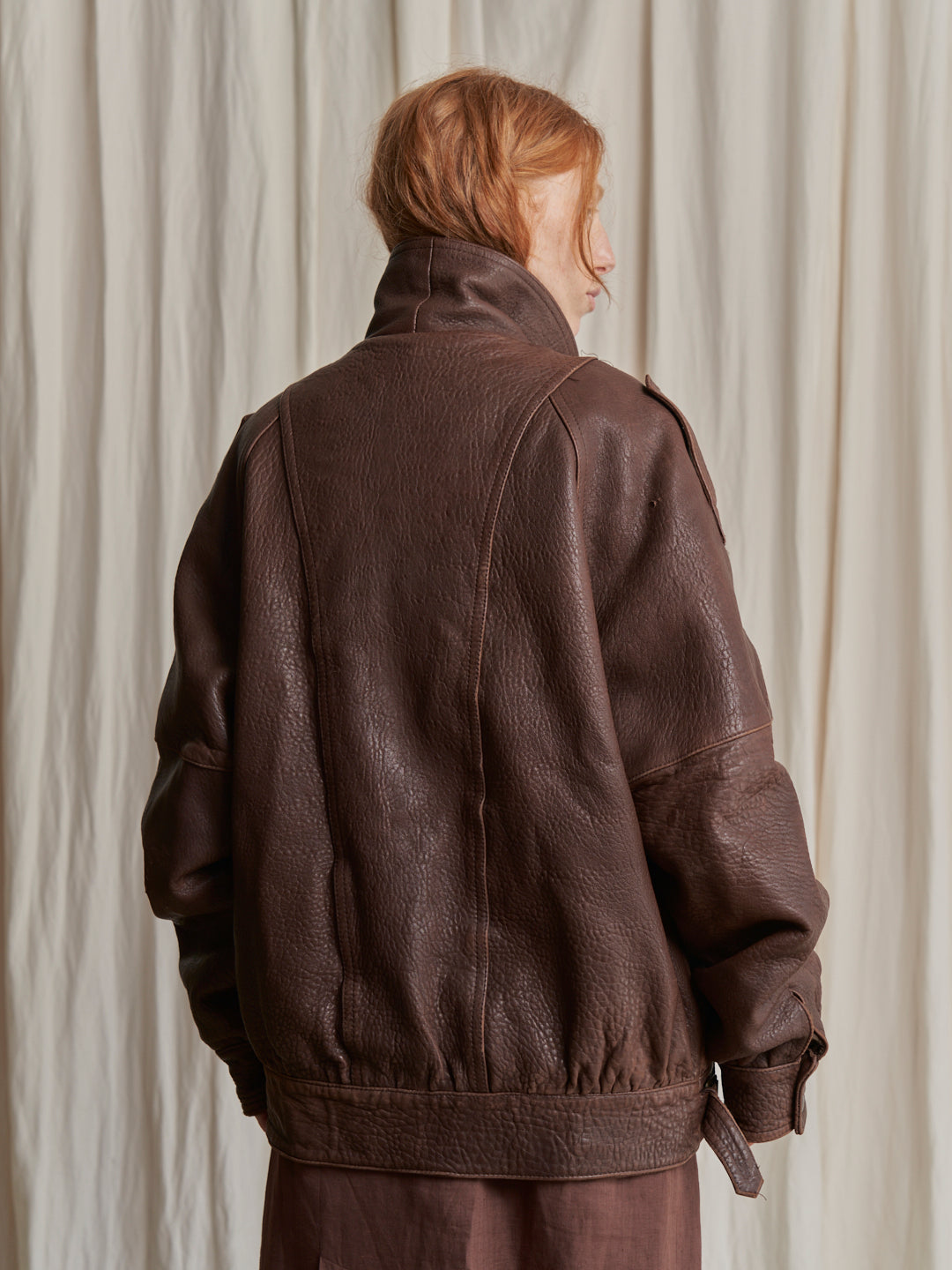 Bomber in pelle marrone made in Italy anni 80 over con fibbie