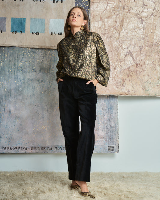 Blusa camicia in tessuto damascato jacquard lamé nero e oro
