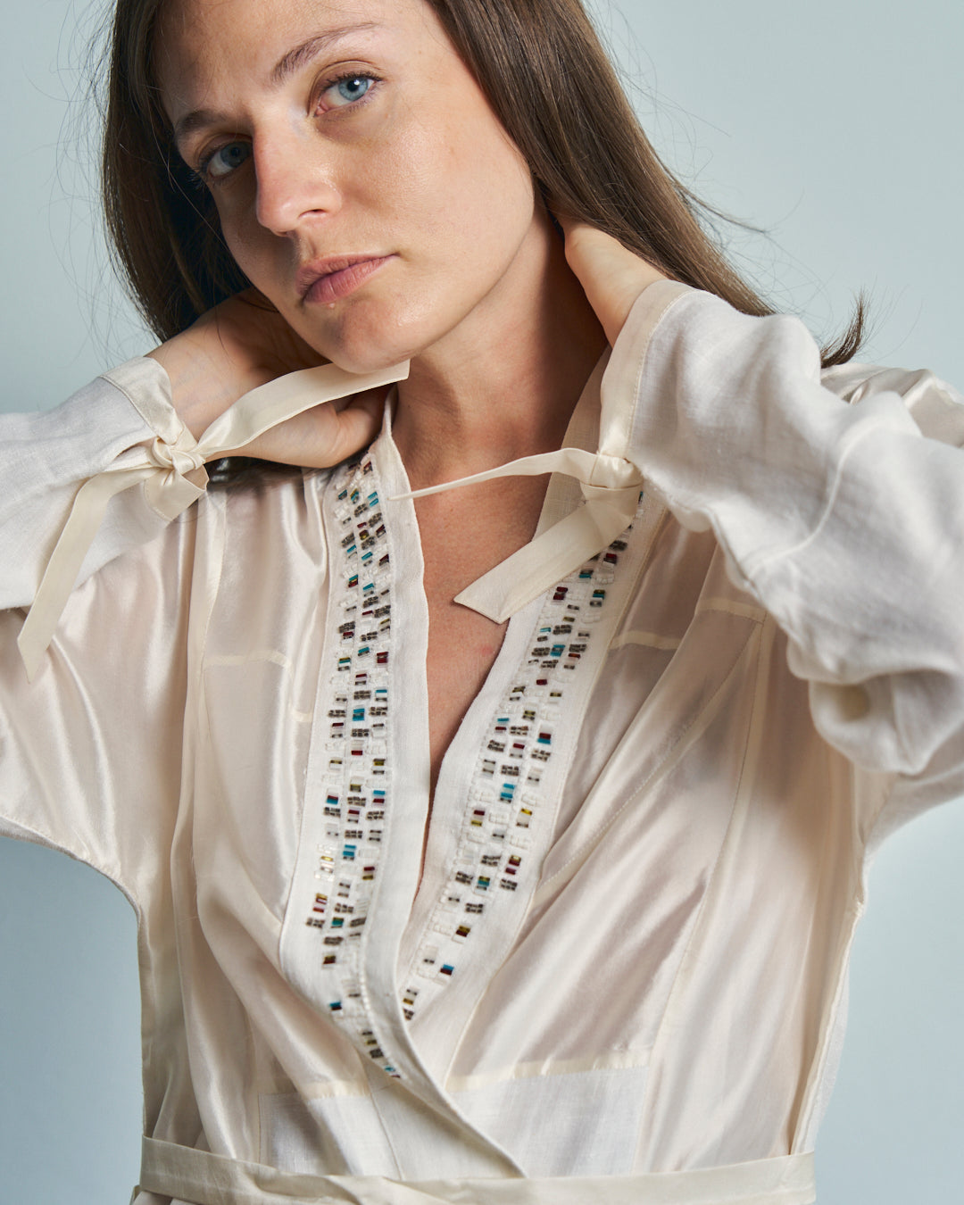 Camicia in seta e lino firmata Pollini effetto kaftano