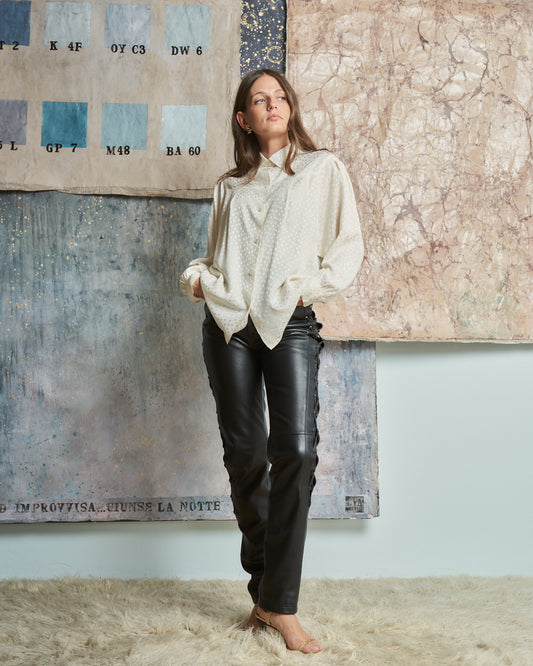 Blusa camicia in tessuto damascato jacquard lamé nero e oro (Copia)