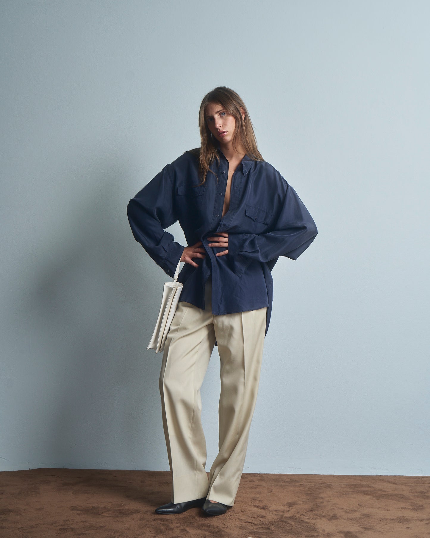 Camicia in seta maschile navy con tasche anni 80