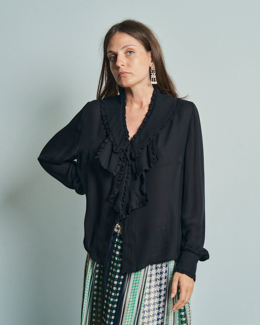 Camicia nera in seta con rouches never worn