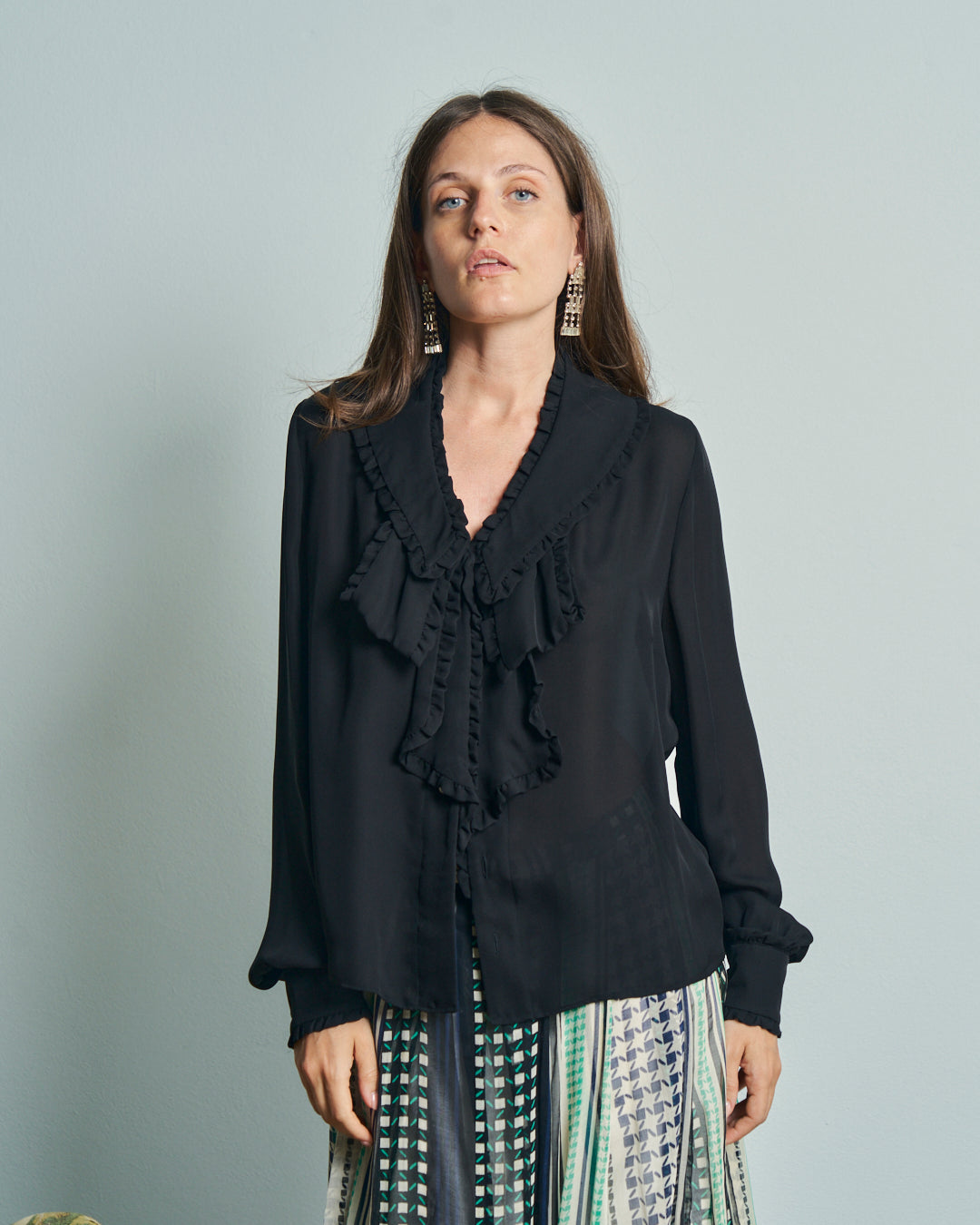 Camicia nera in seta con rouches never worn