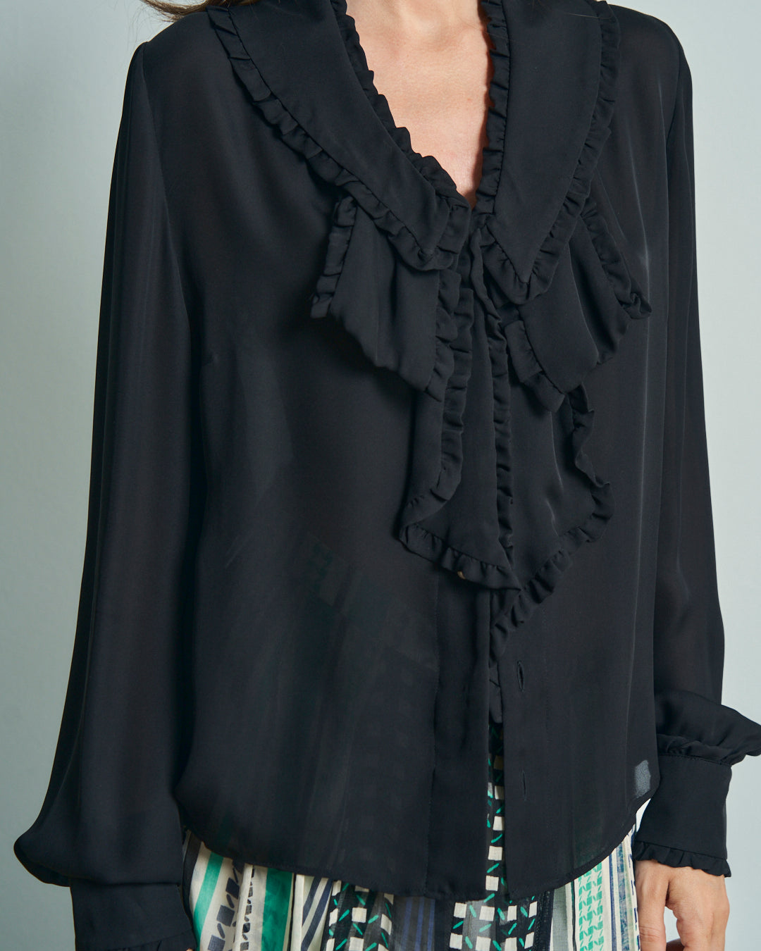 Camicia nera in seta con rouches never worn
