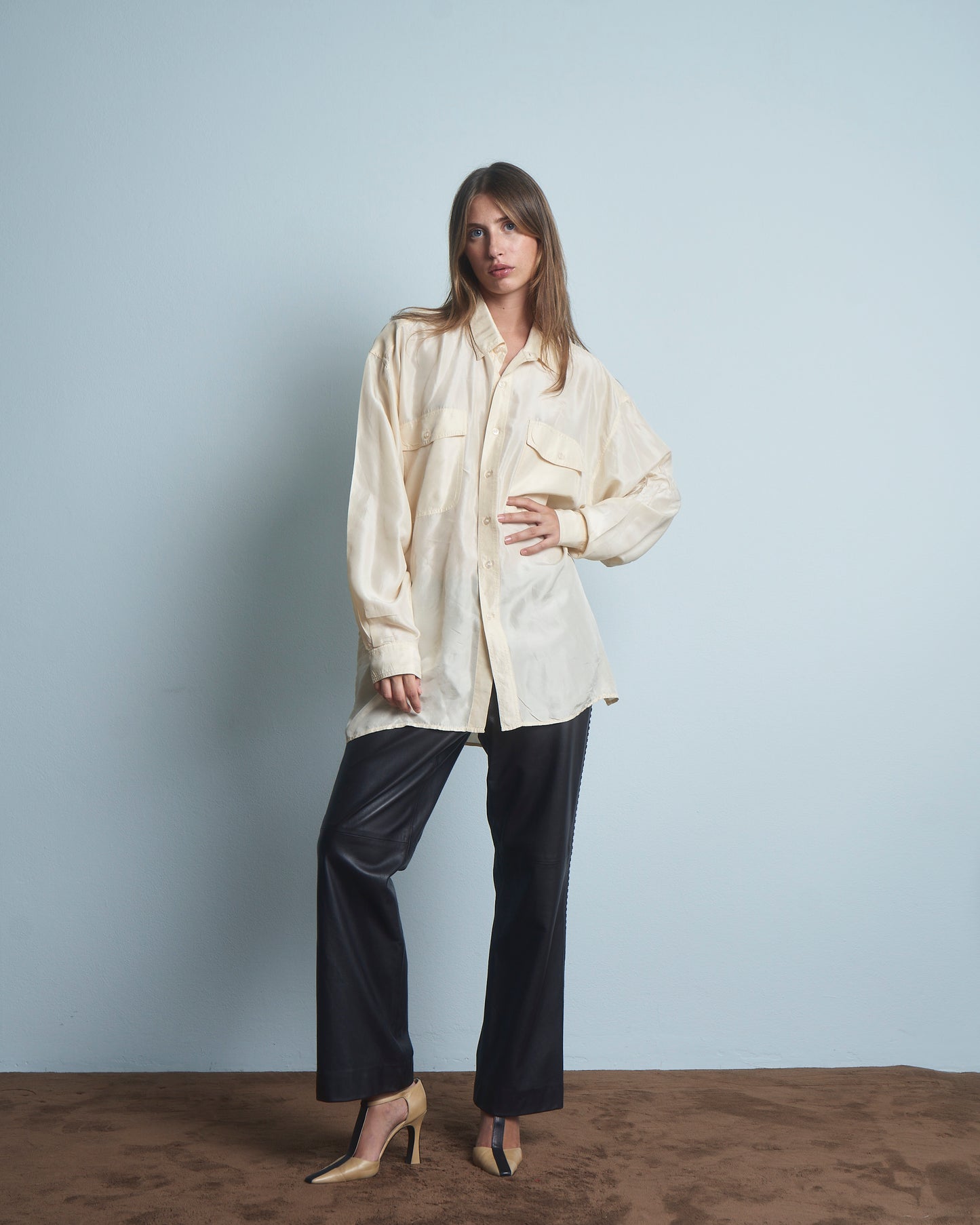 Camicia in seta maschile avorio con tasche anni 80