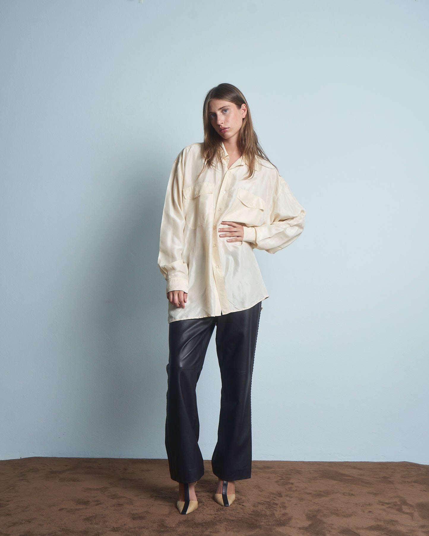Camicia in seta maschile avorio con tasche anni 80