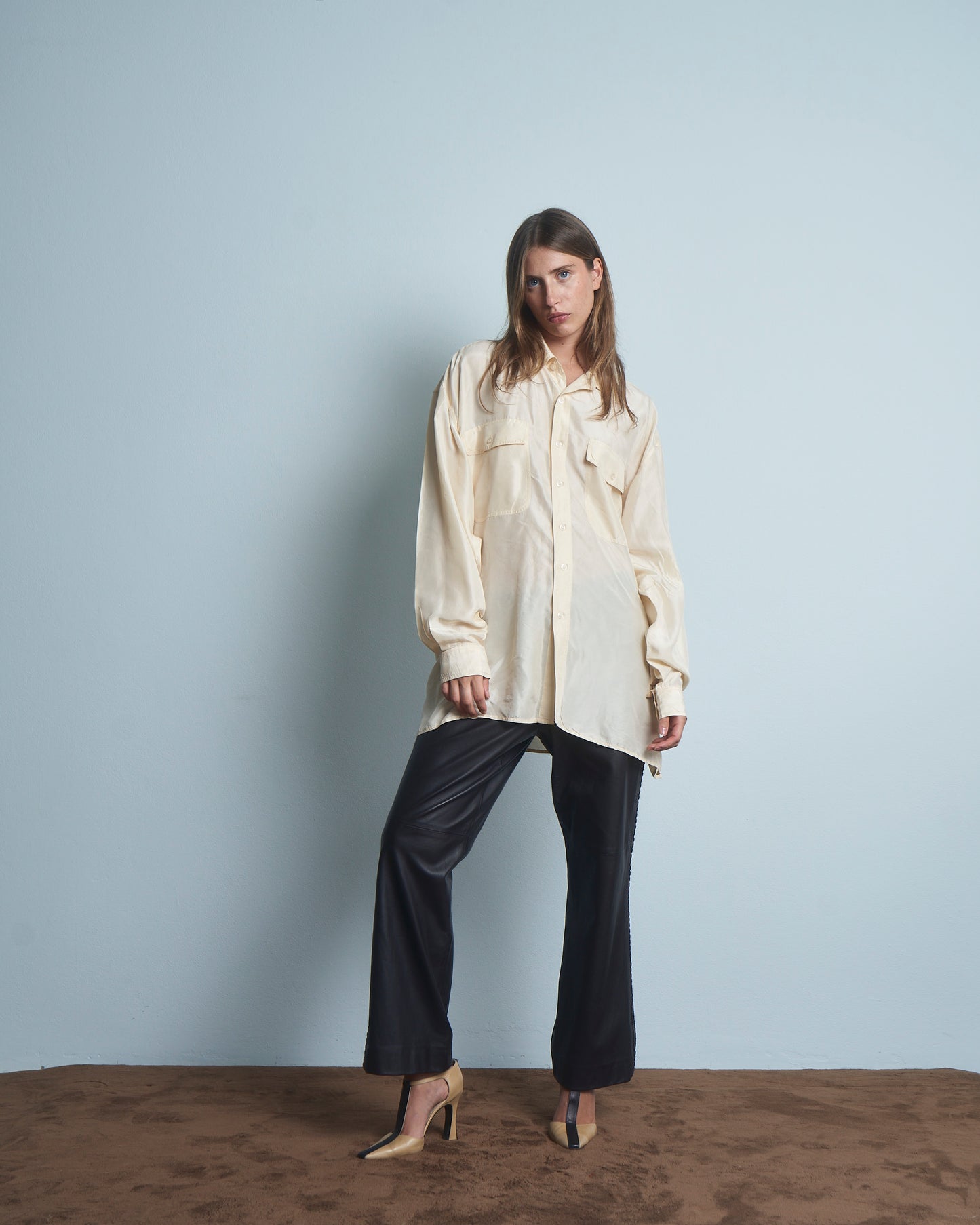Camicia in seta maschile avorio con tasche anni 80
