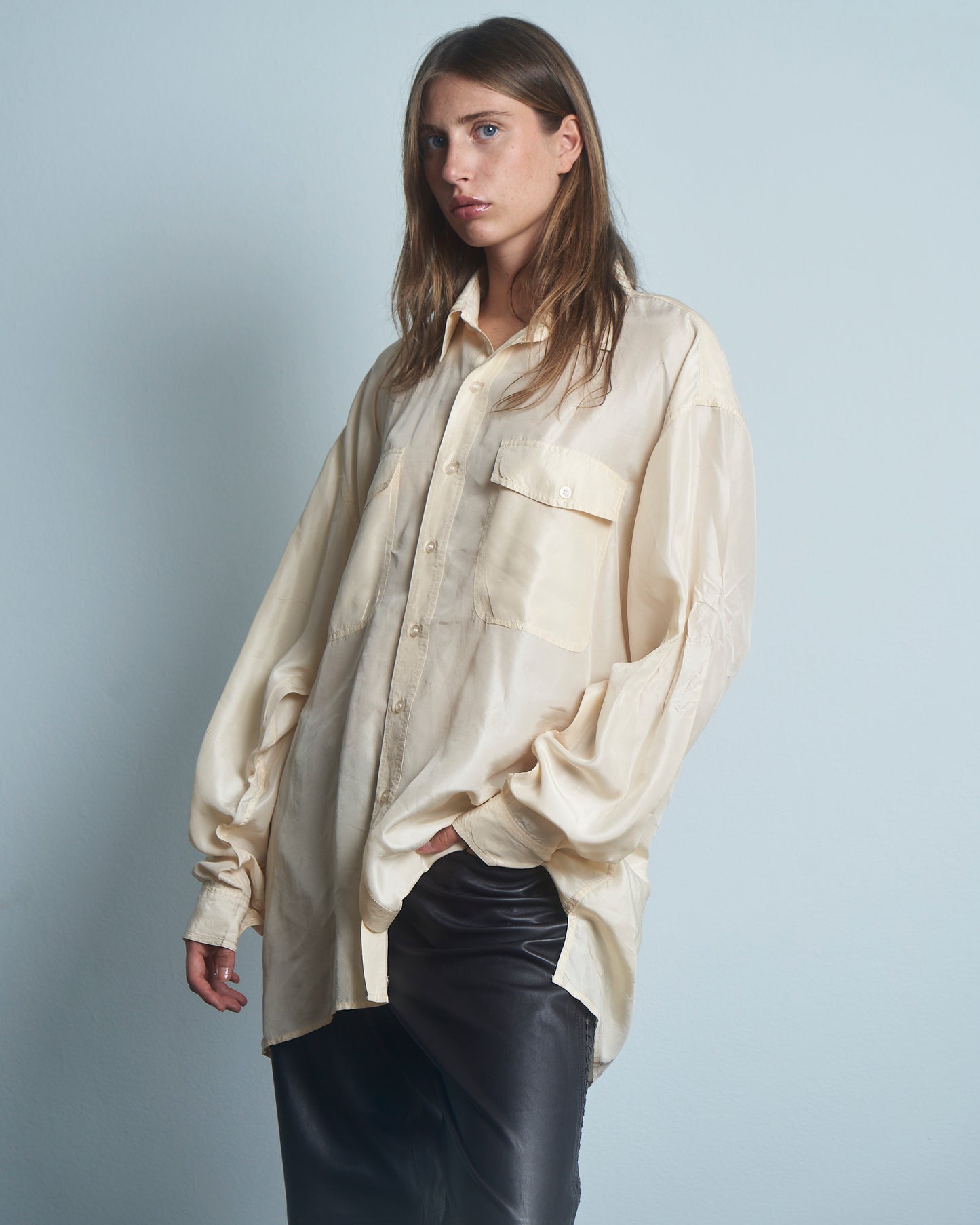 Camicia in seta maschile avorio con tasche anni 80