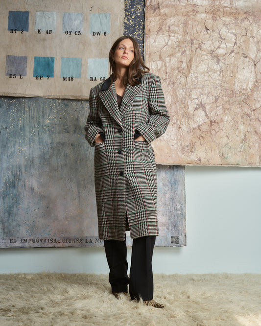 Cappotto in lana principe di Galles con inserti in velluto