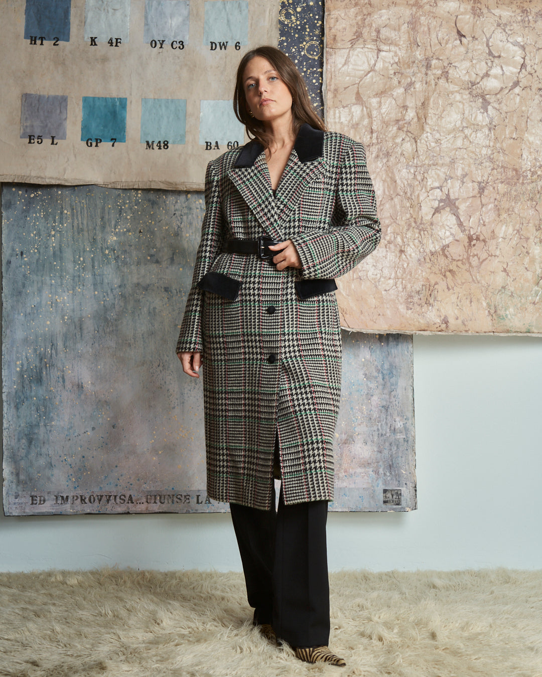 Cappotto in lana principe di Galles con inserti in velluto