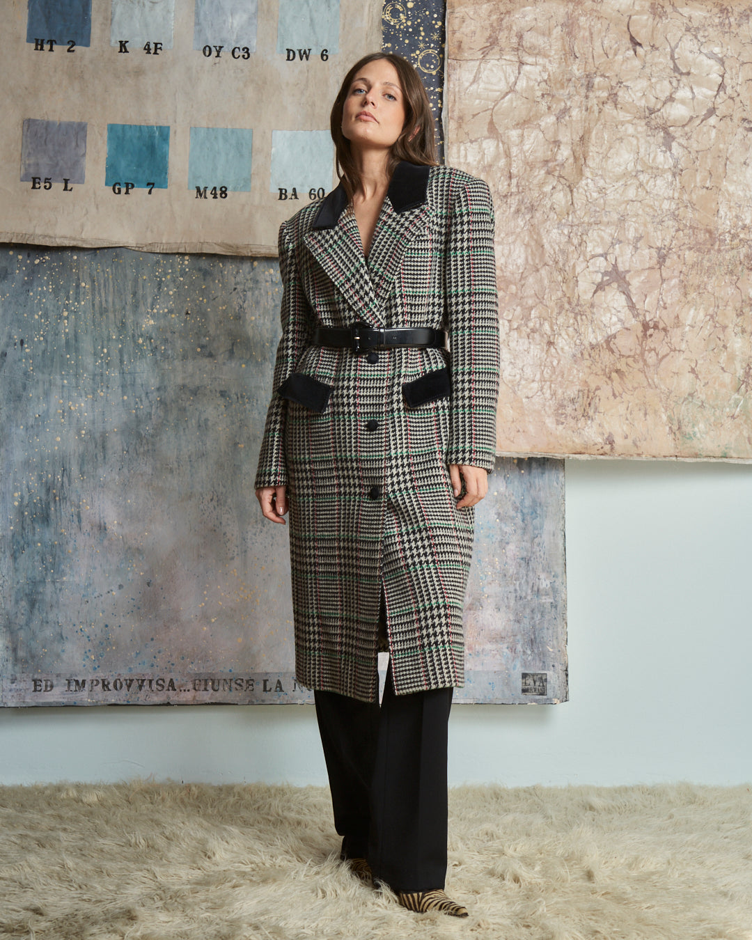 Cappotto in lana principe di Galles con inserti in velluto