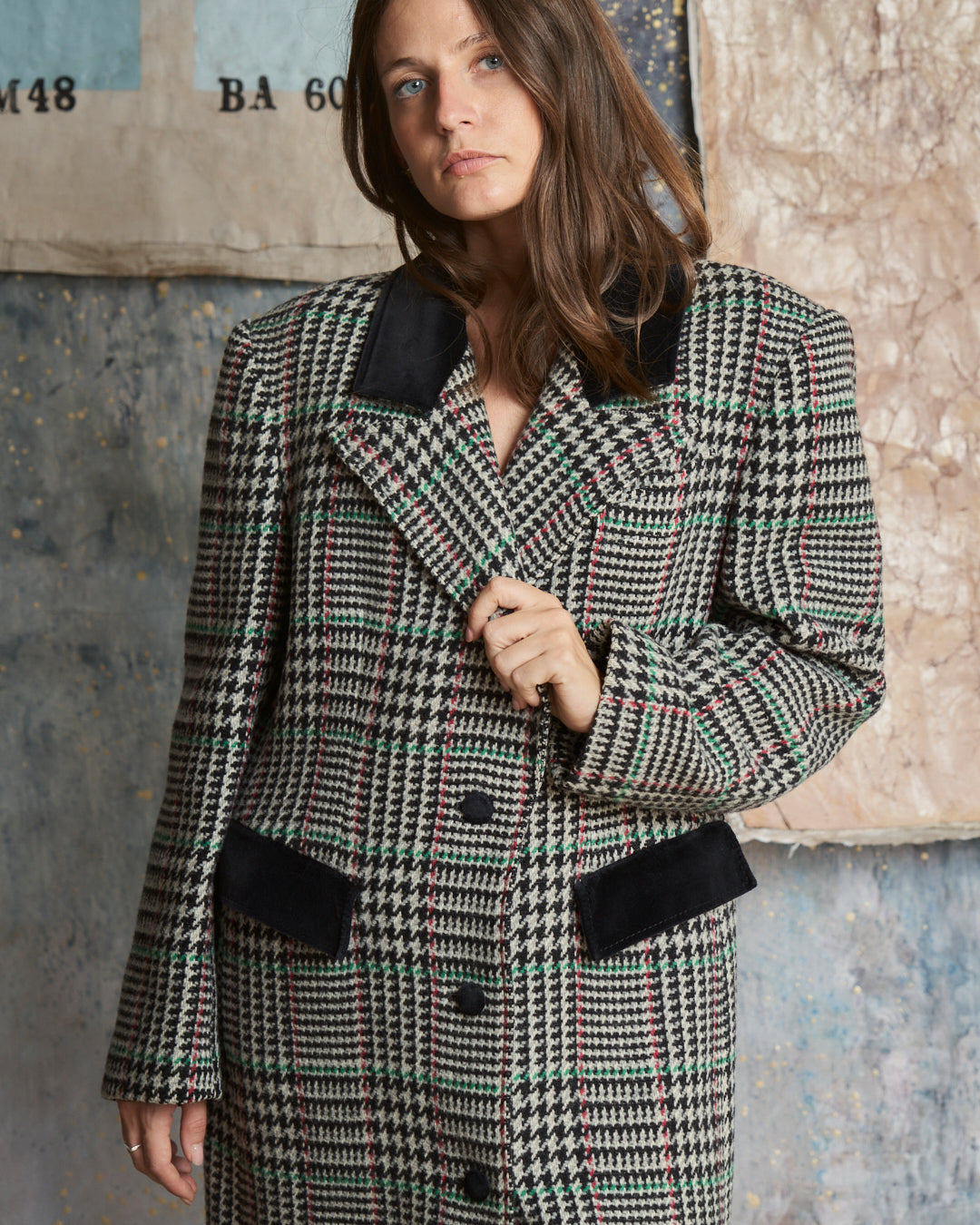 Cappotto in lana principe di Galles con inserti in velluto