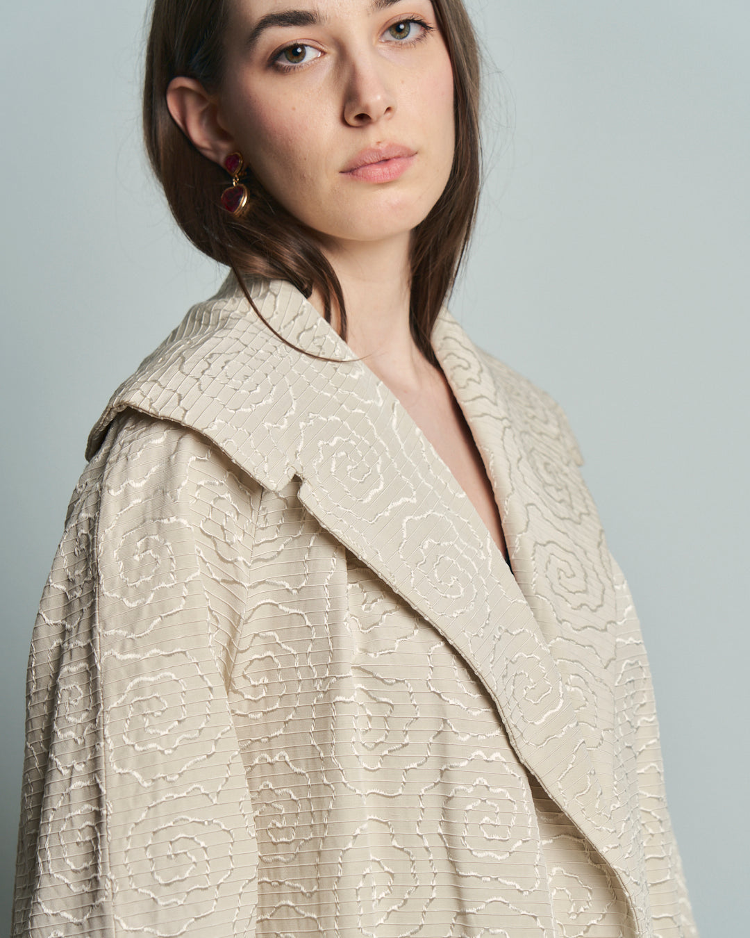 Cappotto anni 50 in seta ottoman e Jacquard motivo fiori