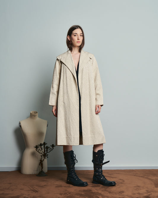 Cappotto anni 50 in seta ottoman e Jacquard motivo fiori