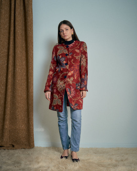 Cappotto sartoriale in tessuto tapestry effetto ciniglia bottoni passamanerie