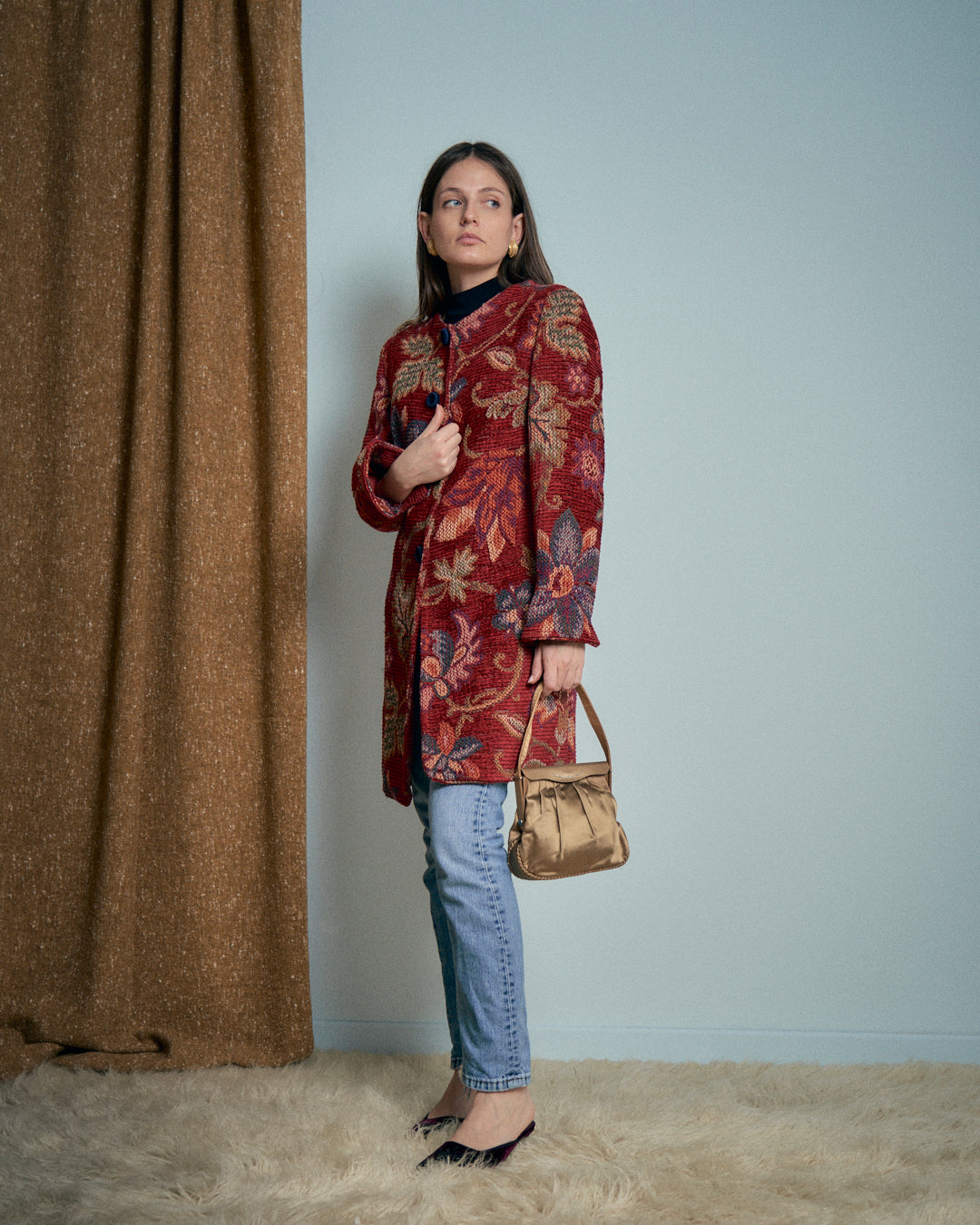 Cappotto sartoriale in tessuto tapestry effetto ciniglia bottoni passamanerie