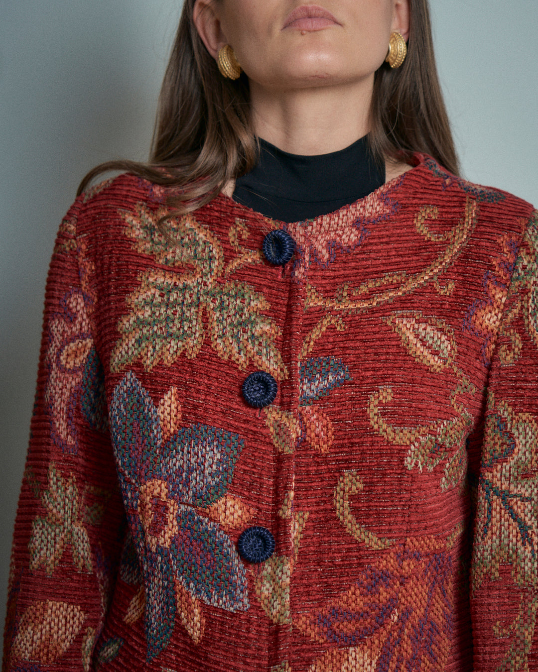 Cappotto sartoriale in tessuto tapestry effetto ciniglia bottoni passamanerie