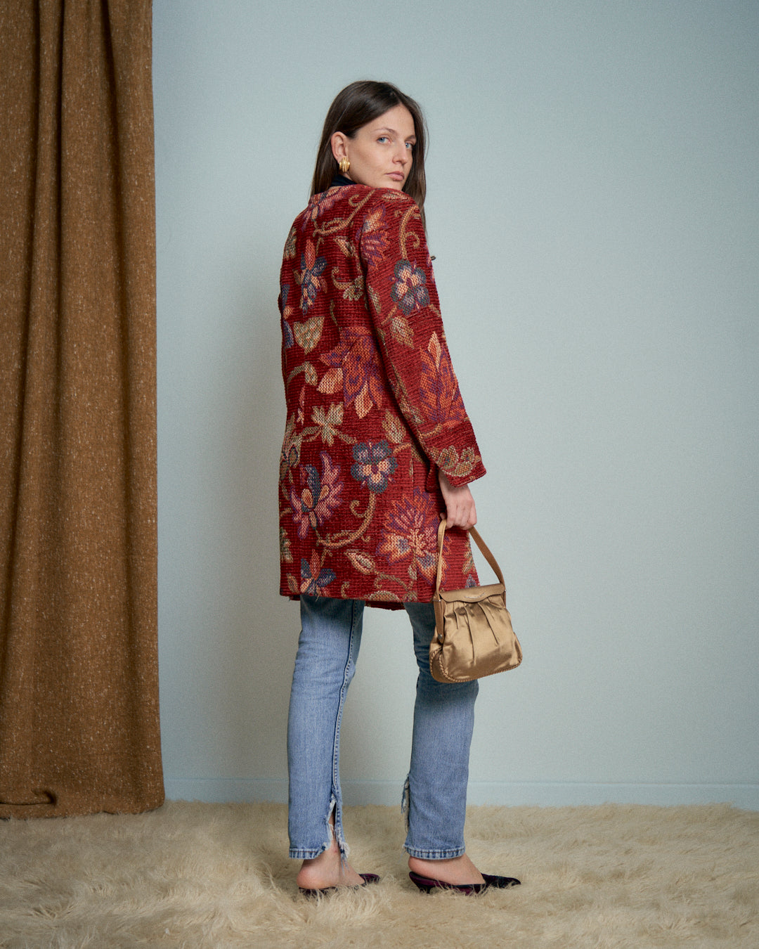 Cappotto sartoriale in tessuto tapestry effetto ciniglia bottoni passamanerie