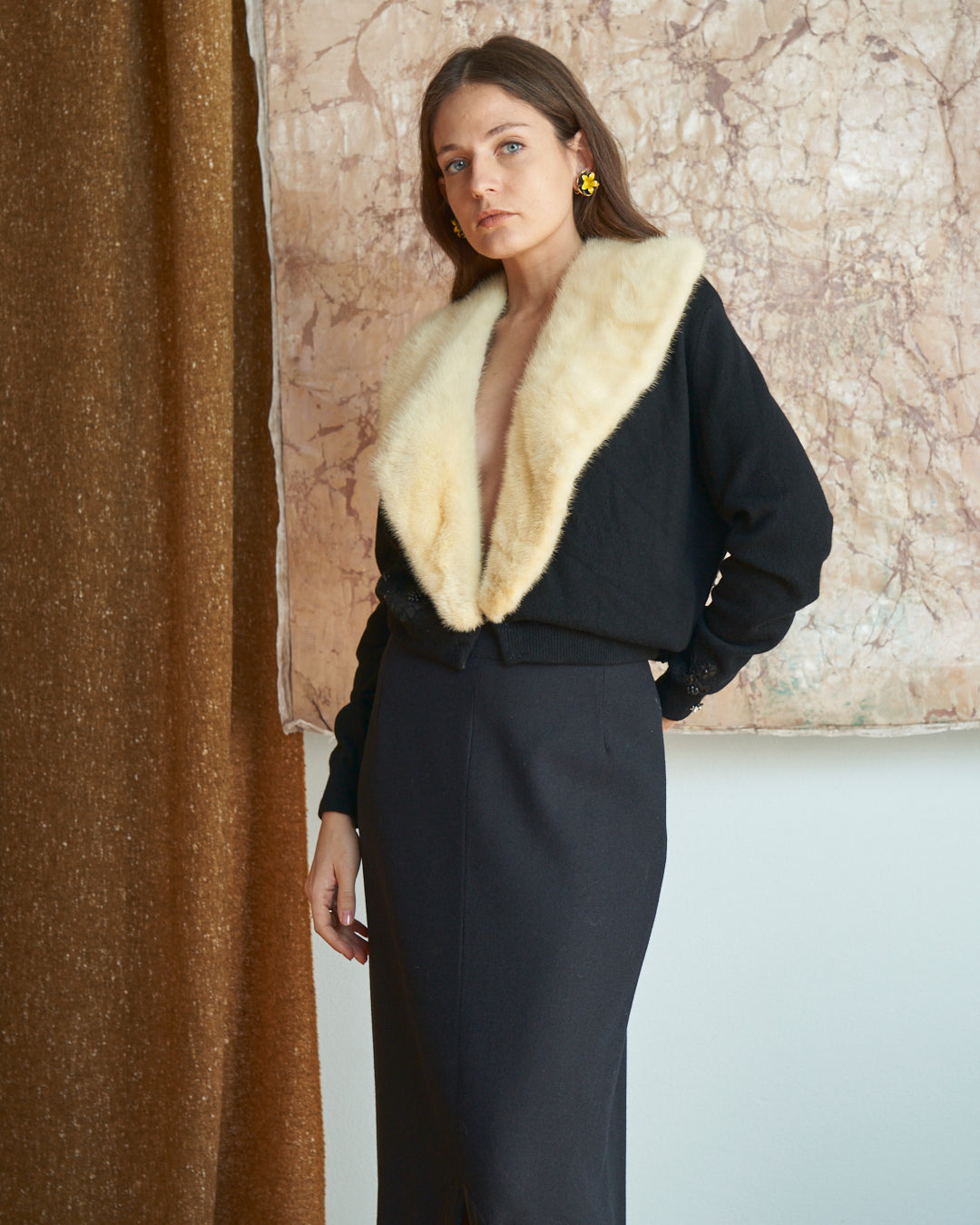 Cardigan in cachemere anni 50 made in Usa con collo in pelliccia