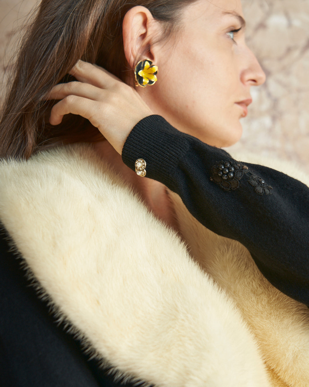 Cardigan in cachemere anni 50 made in Usa con collo in pelliccia