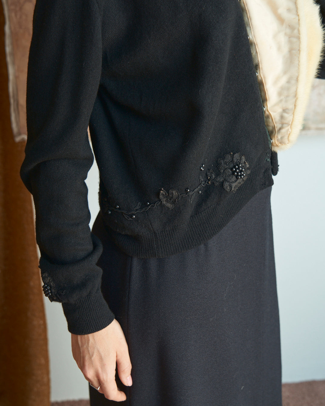 Cardigan in cachemere anni 50 made in Usa con collo in pelliccia