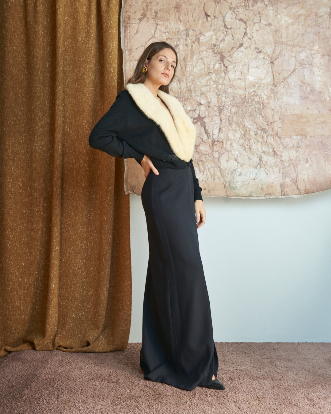 Cardigan in cachemere anni 50 made in Usa con collo in pelliccia