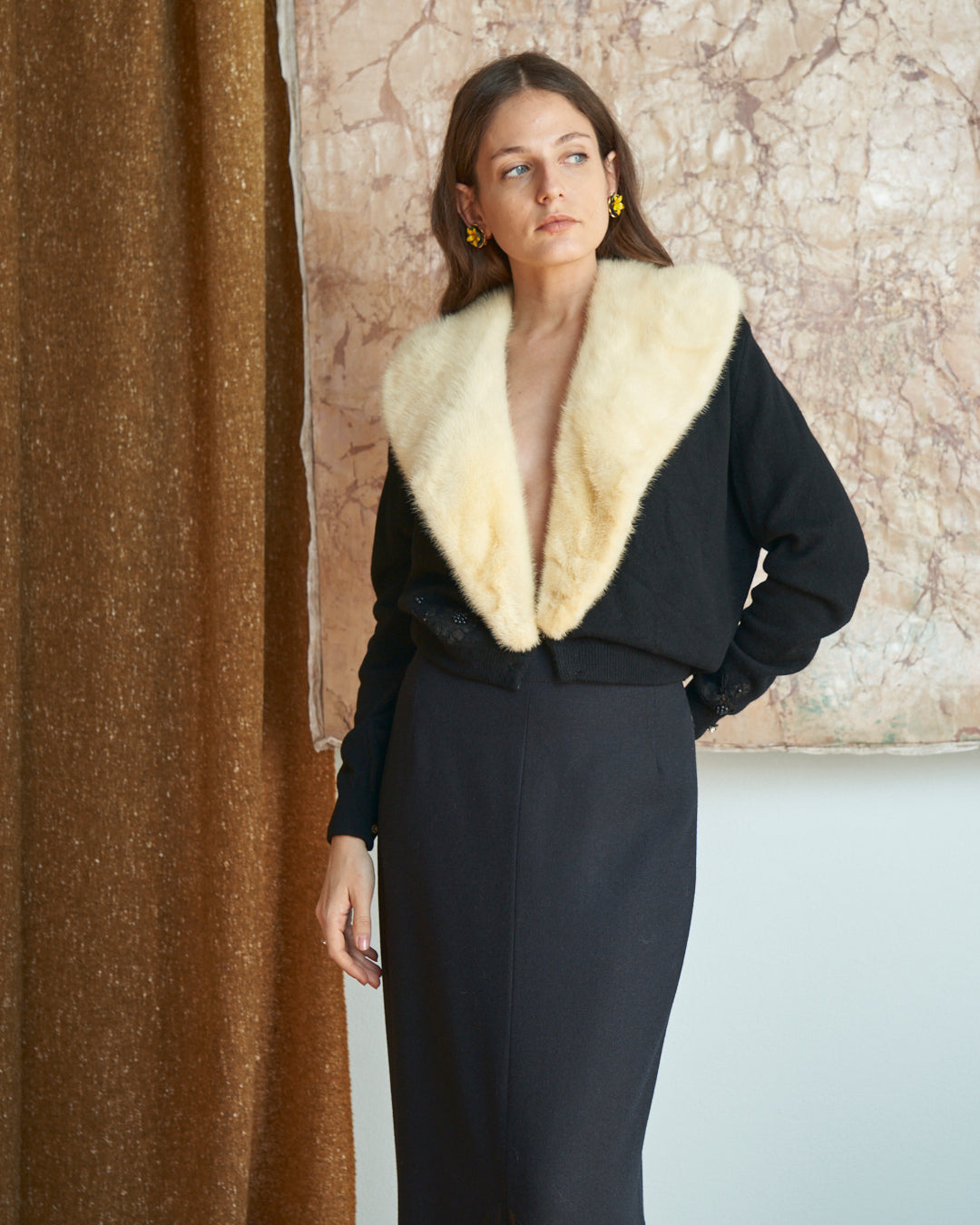 Cardigan in cachemere anni 50 made in Usa con collo in pelliccia