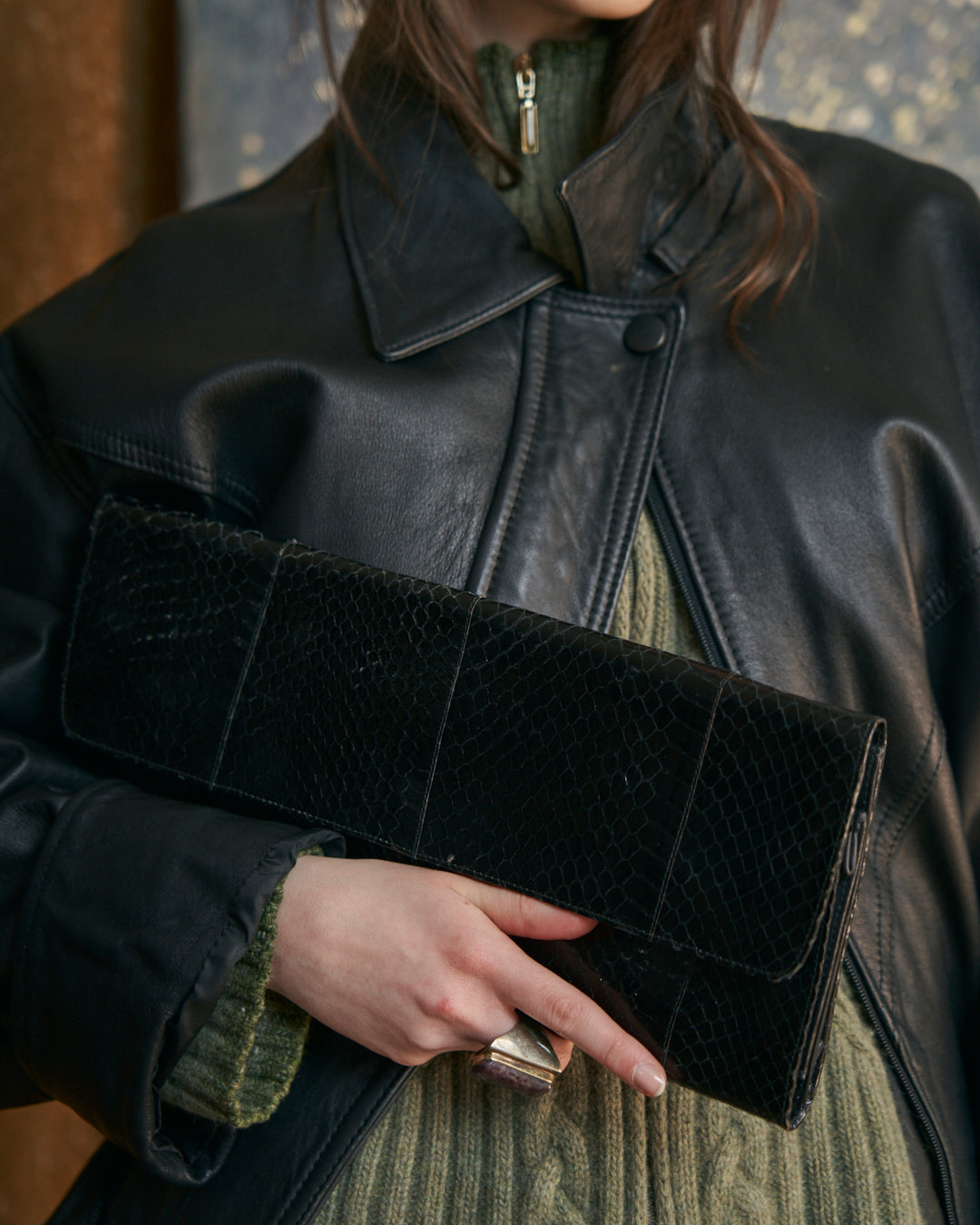 Pochette anni 70 in pitone nero porta accessori