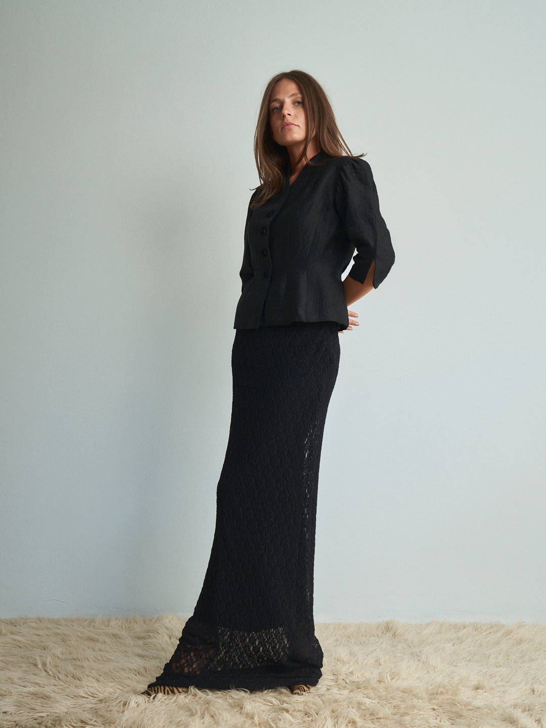Blusa anni 40 in tessuto jacquard di lana foderata con bottoni ricoperti