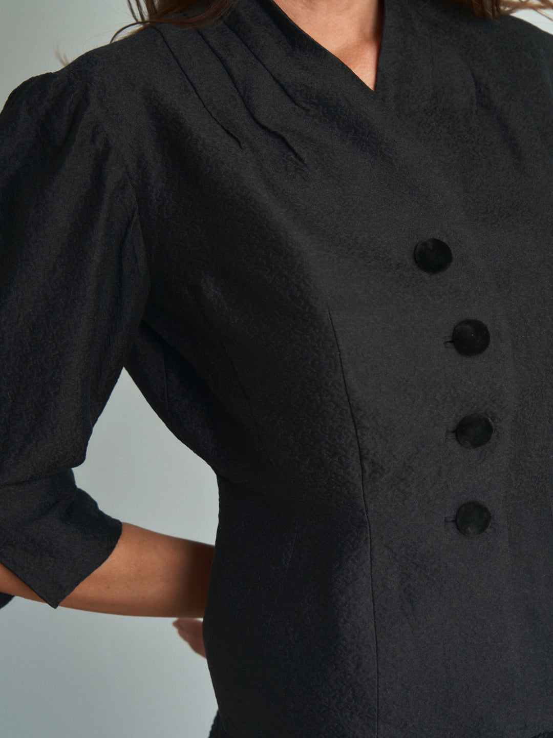 Blusa anni 40 in tessuto jacquard di lana foderata con bottoni ricoperti