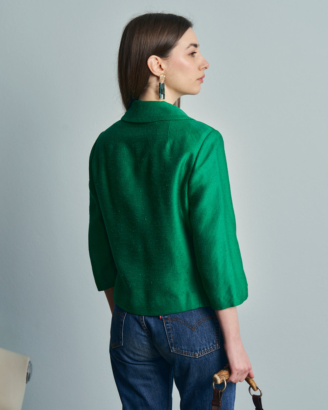 Giacca corta in seta anni 50 verde con spacchetti