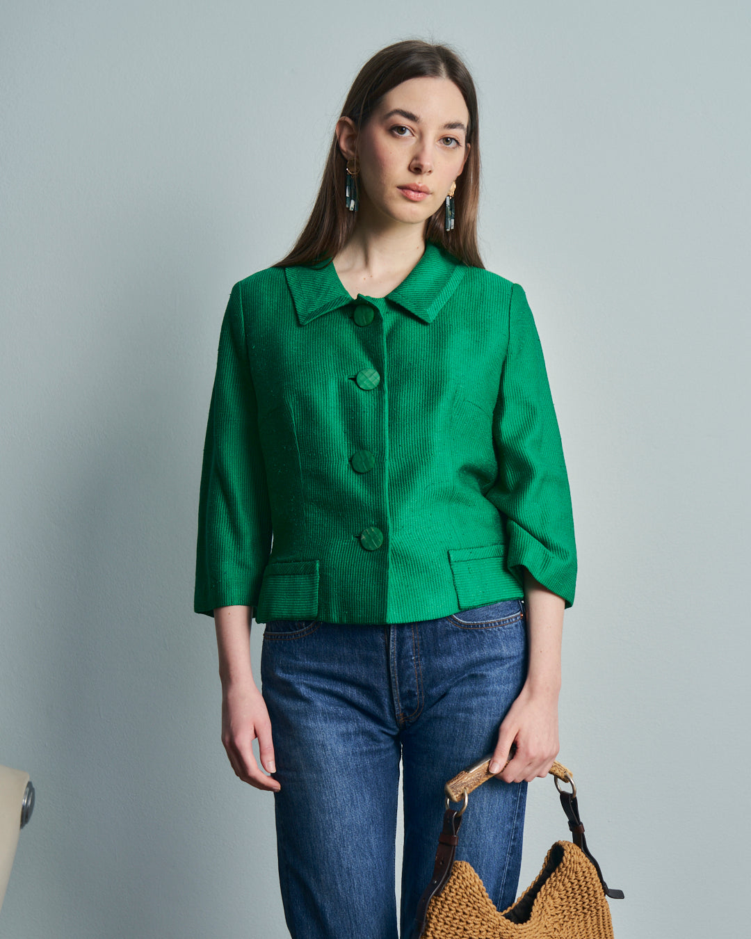 Giacca corta in seta anni 50 verde con spacchetti