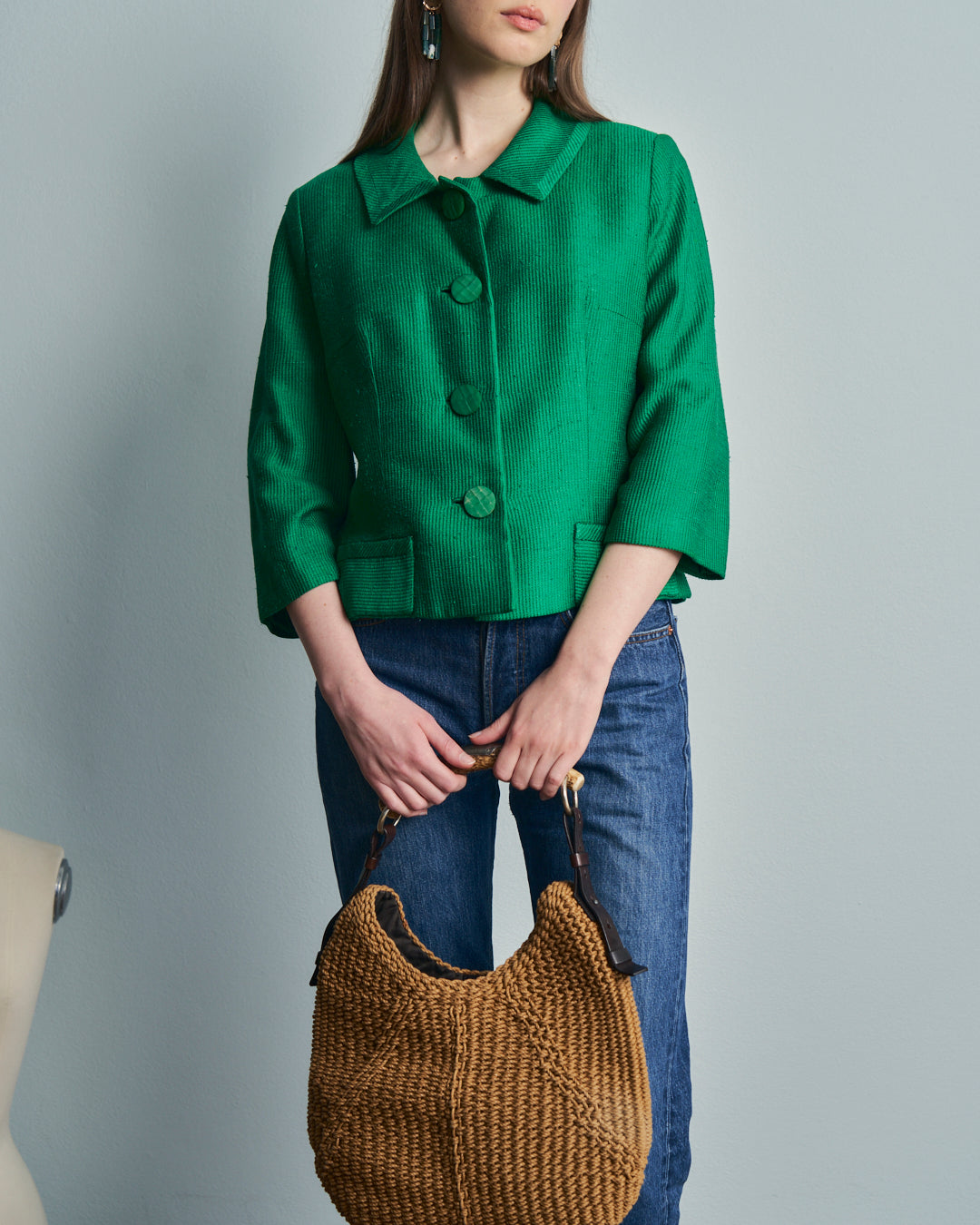 Giacca corta in seta anni 50 verde con spacchetti