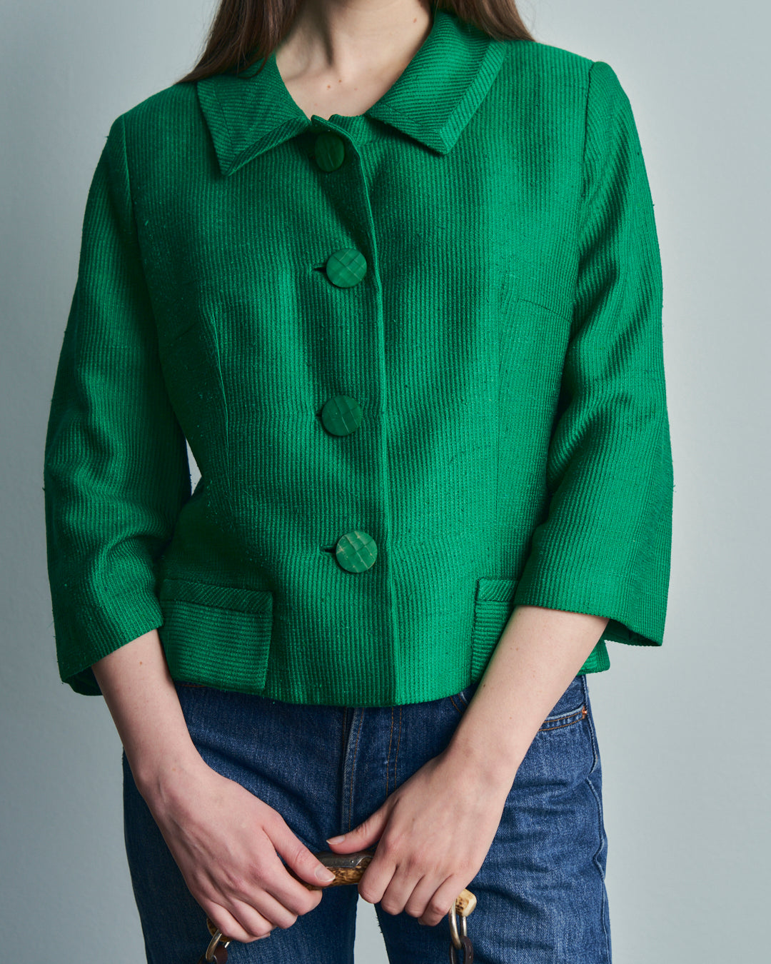 Giacca corta in seta anni 50 verde con spacchetti