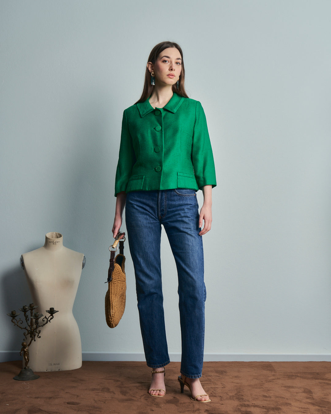 Giacca corta in seta anni 50 verde con spacchetti