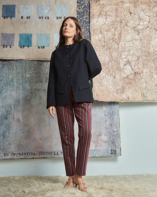 Giacca anni 70 in lana blu navy girocollo bottoni caramella