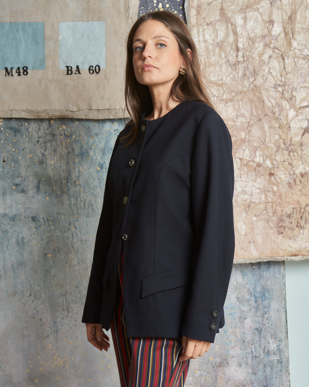 Giacca anni 70 in lana blu navy girocollo bottoni caramella